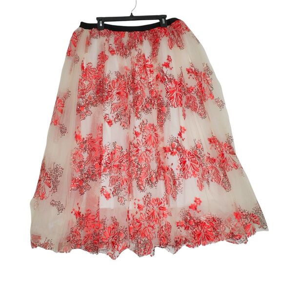 SEQUINED FLOWER EMBROIDERED MESH TULLE MIDI SKIRT IN RED sz 3XL - Picture 1 of 8